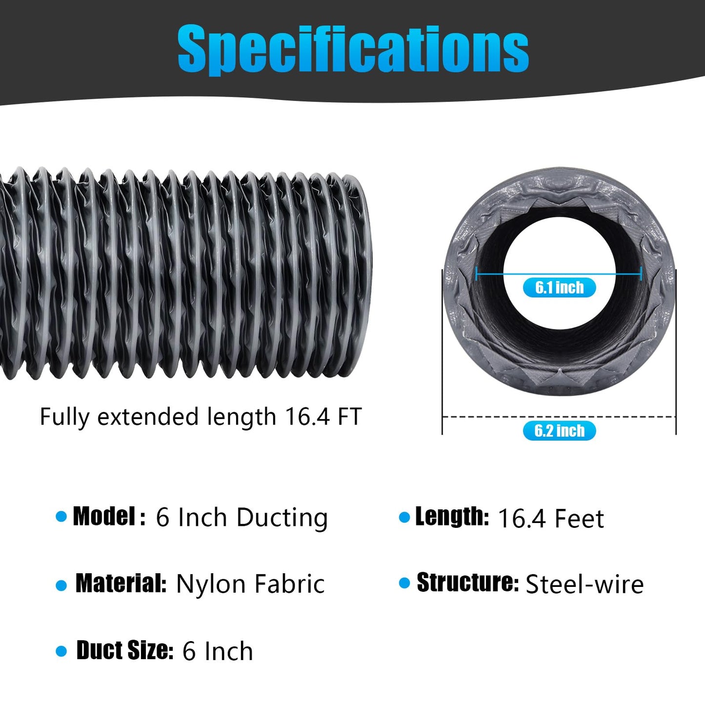 6 Inch Duct, 6 Inch X 16FT Flexible Nylon Ducting – Wear-Resistant & Tear-Proof Venting Hose, Upgraded Fire-Resistant Hvac Ducting for HVAC, Greenhouse & Inline Duct Fan