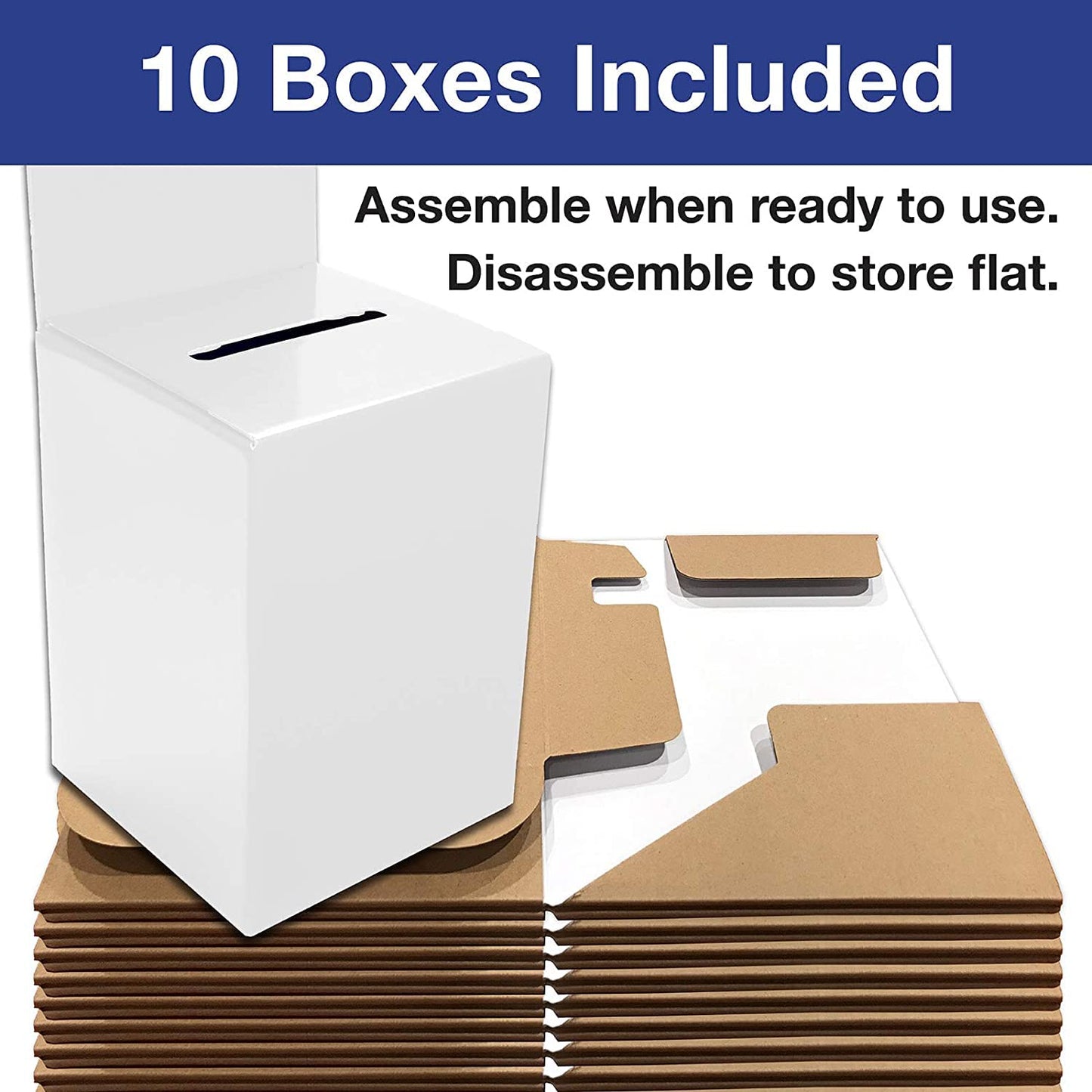 White Raffle Ticket Donation Collection Ballot Box Reusable Sturdy thick Cardboard Box with Slot comment Suggestion Box With Removable Header 6H x 6W x 6D, Display area 6H x 6W(10 pack)