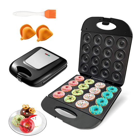 2026 Mini Donut Maker Machine for Home, Kid-Friendly 16-Hole Electric Doughnut and Pancake Maker with Non-Stick Surface, Ideal for Homemade Doughnuts (Black with Mini Oven Gloves & Brush)