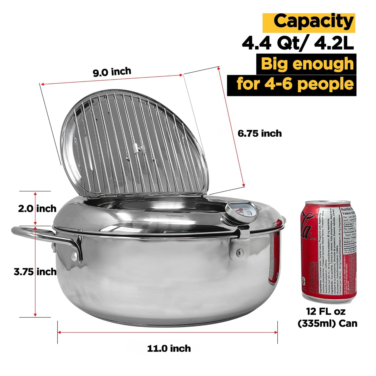 Saltlas Deep Fryer Pot (°C), 11"/4.4Qt (4.2 L) Extra Large Tempura Frying Pot with Lid, 304 Stainless Steel Fry Pot with Temperature Control and Oil Drip Drain Rack