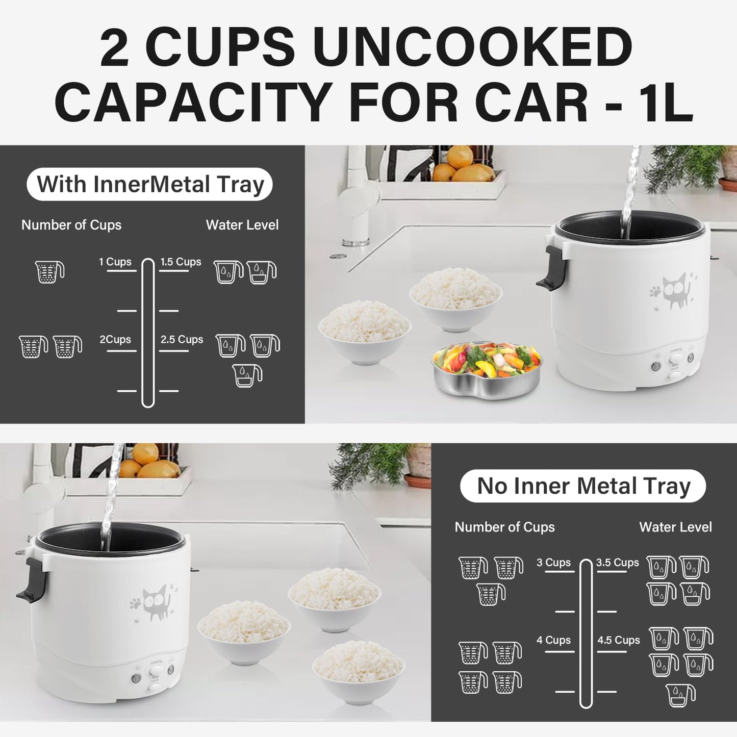 OSBA Mini Rice Cooker, 1L Small Rice Cooker 2 Cup-uncooked Travel Rice Maker 12V for Car with Steamer, Auto Keep Warm Suitable For 1-2 People, White