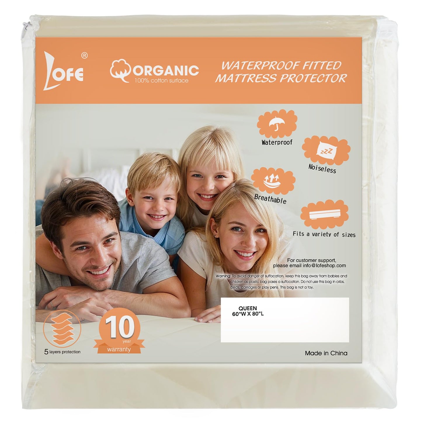 Lofe Organic Cotton Queen Mattres Protectors - Top&Side 100% Waterproof Mattress Protectors, Breathable Organic Mattress Protector, Noiseless Queen Mattress Protector Waterproof 80x60x17 in