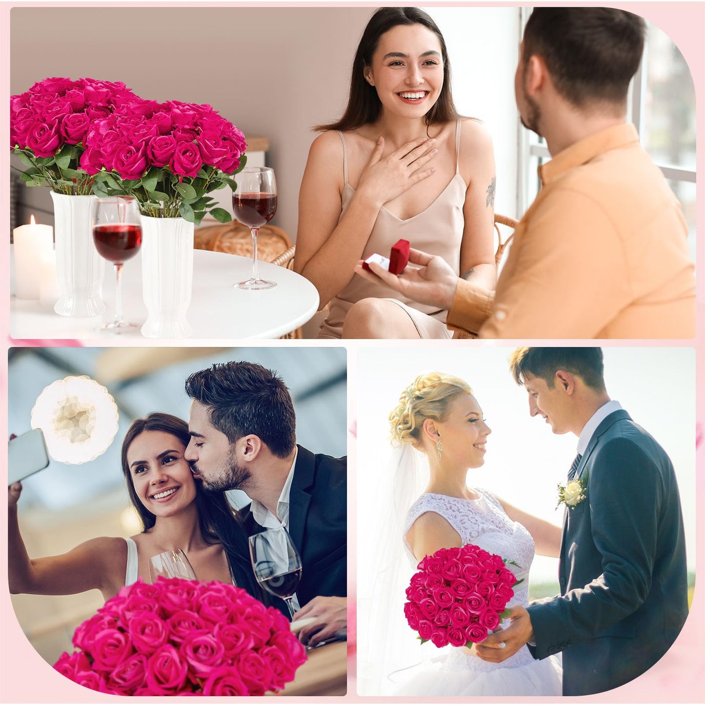 Ovveroche 80 Pcs Roses Artificial Flowers, Silk Hot Pink Artificial Flowers Petals Long Stem Roses for Wedding Bouquet Home Party Decor