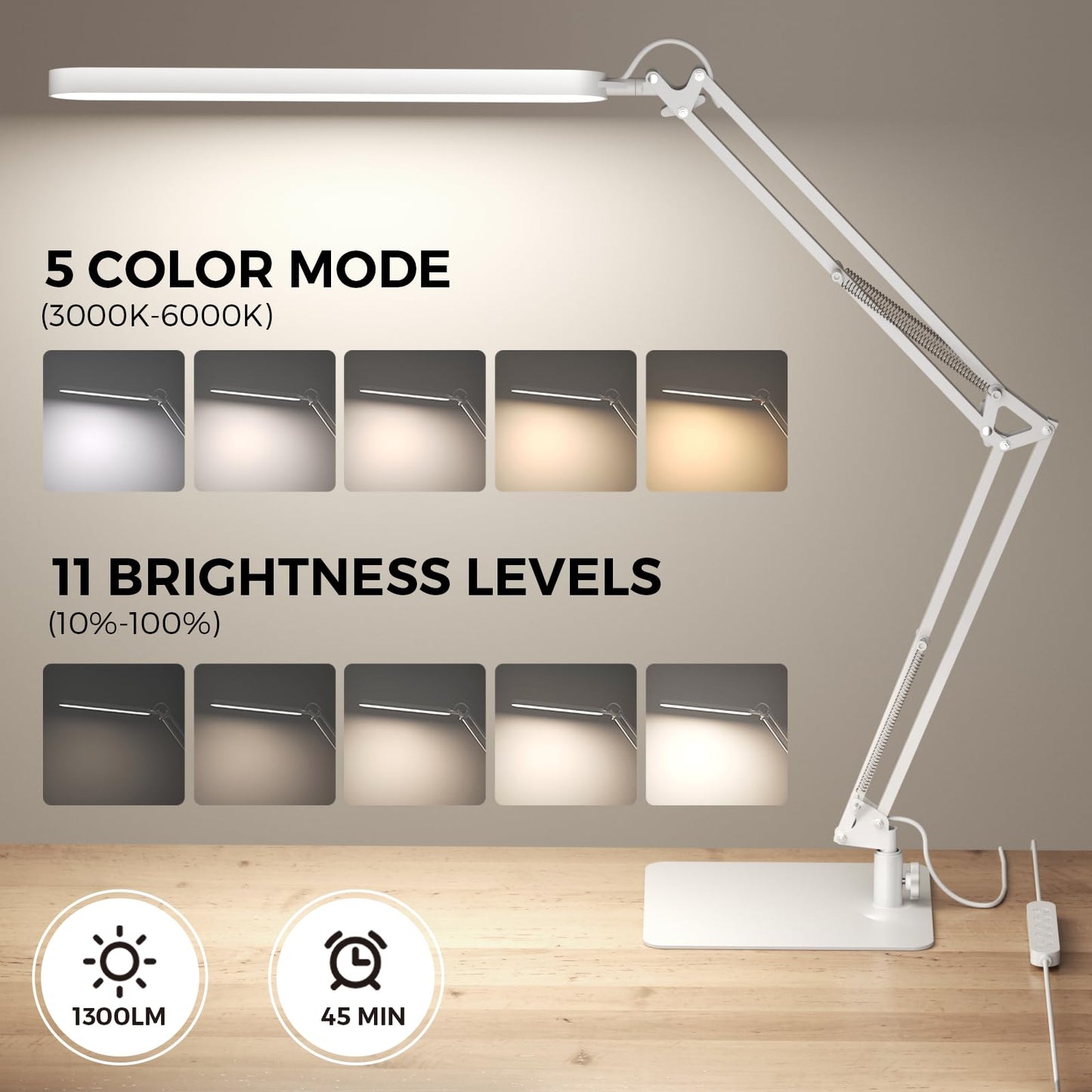 SKYLEO LED Desk Lamp with Slim Base - Adjustable Swing Arm Desk Light, Dimmable, Timer, Eye Protection, Memory Function, 1300LM, 12W, White