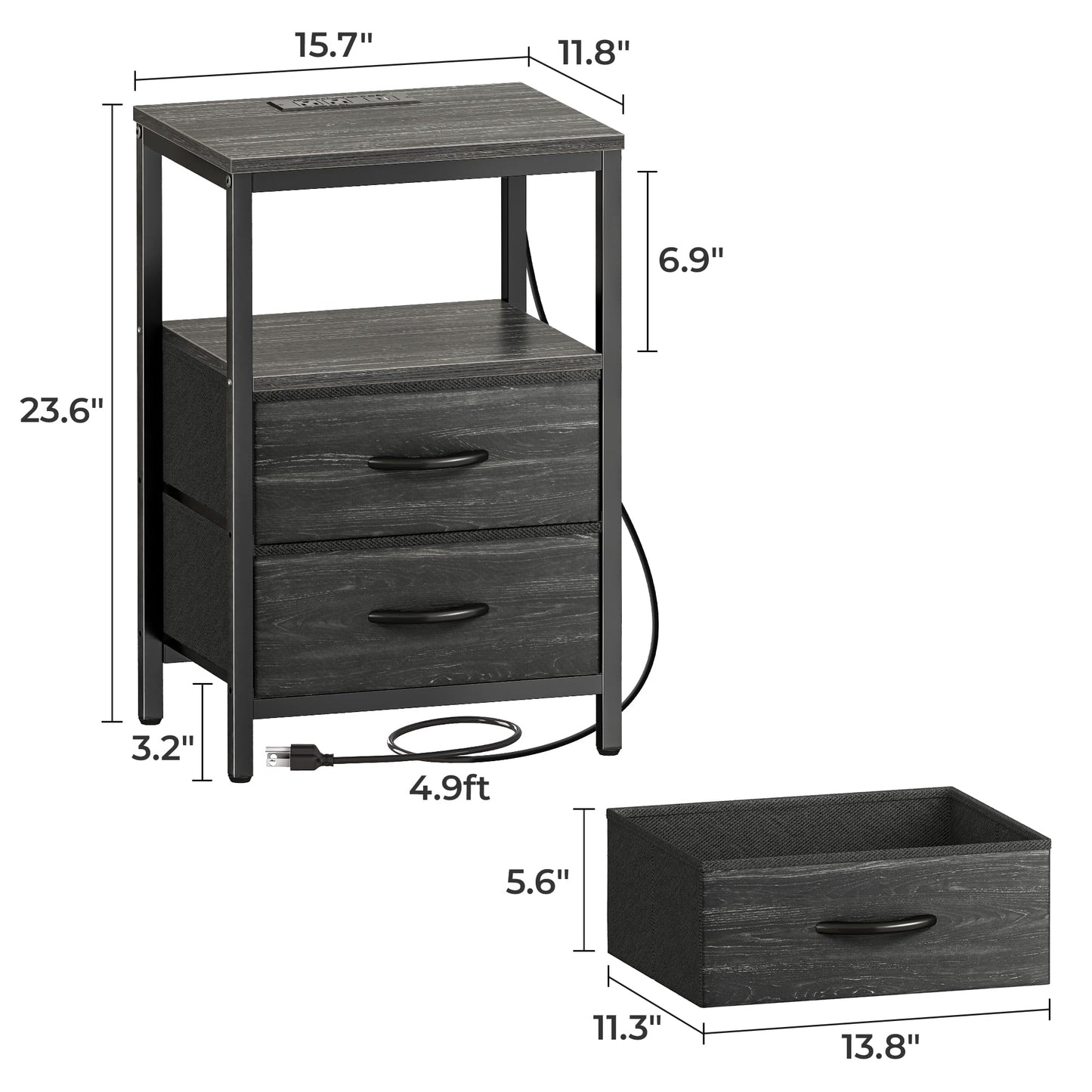 Huuger Nightstand with Charging Station, Fabric Drawers, End Table with Open Shelf, Bedside Table with USB Ports and Outlets, Night Stand for Bedroom, Charcoal Black Wood Grain Print