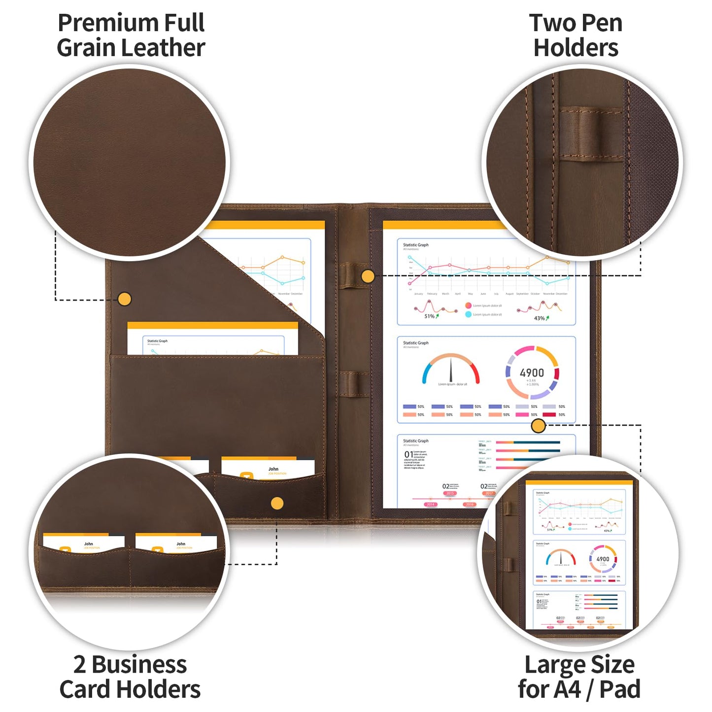 Ringsun Leather Portfolio Organizer for Men Women, Leather Padfolio Business Resume Legal Pad Portfolio Notebook Binder for A4/Pad, Leather Folio Leather Folder, Brown