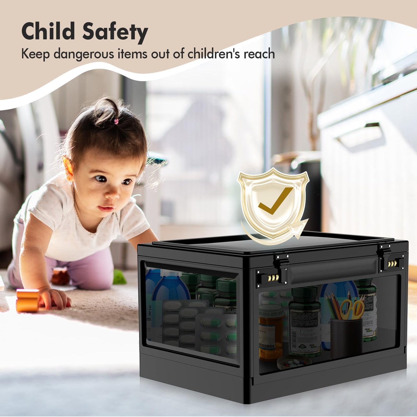 Extra Large Lock Box for Medication Safe, Medicine Lockable Storage Box with Code, Phone Lock Boxes for Video Games, Box with Combination Lock for Snacks/Food, Locking Cabinet for Home/Office (Black)