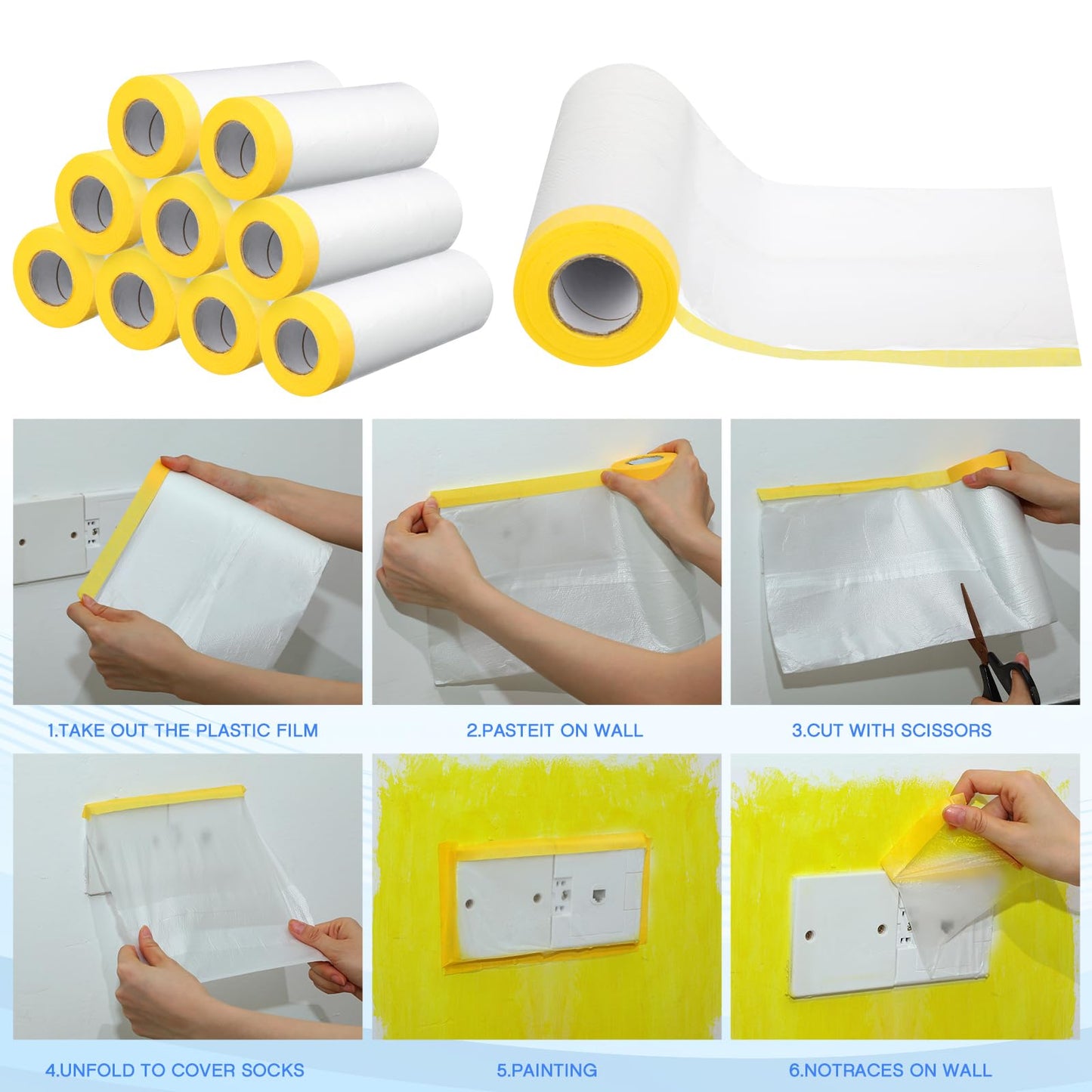 Seajan 18 Roll Painters Plastic with Tape Pre Taped Masking Film for Painting Automotive Paint Adhesive Protective Film Masking Tape Roll Plastic Painting Covering (White,5 x 65 Ft)