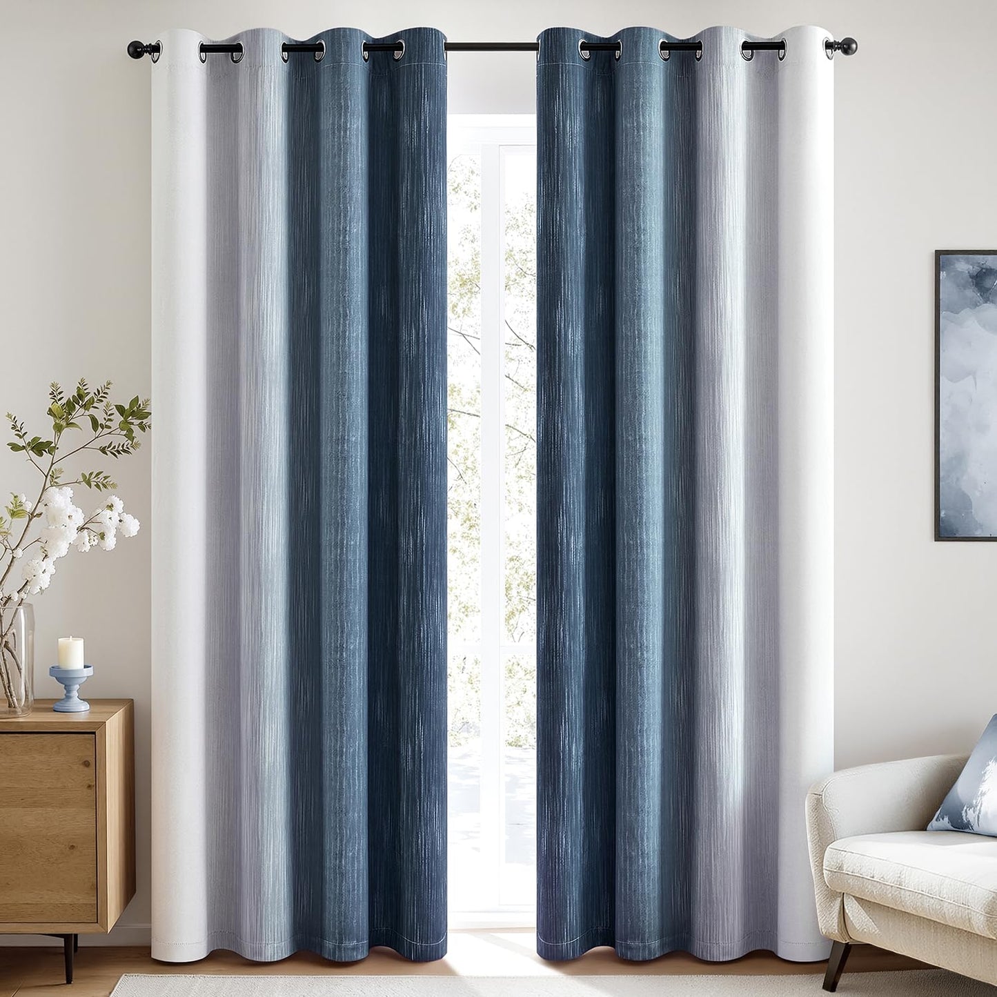 MIULEE Navy Blue and Greyish White Ombre Blackout Curtains, Full Room Darkening Thermal Insulated 84 Inches Long Drapes for Bedroom/Living Room Grommet Window Treatments Modern 52Wx84L, Set of 2