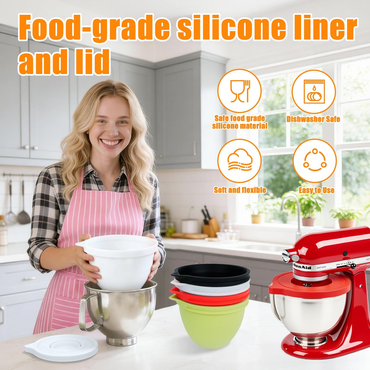 Silicone Liners Compatible with KitchenAid 4.5-5 Quart Tilt-Head mixer Bowl,2 Liners with Lids(White＋Red）