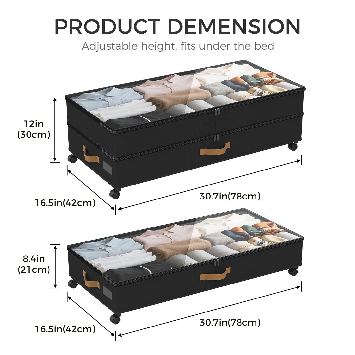 BETBEM Under Bed Storage with Wheels 2-Pack, 75L XXL Under the Bed Storage Containers Large, 12" Tall Adjustable Storage for Underbed with Lids, Rolling for Shoes, Clothes, Blankets (Black)