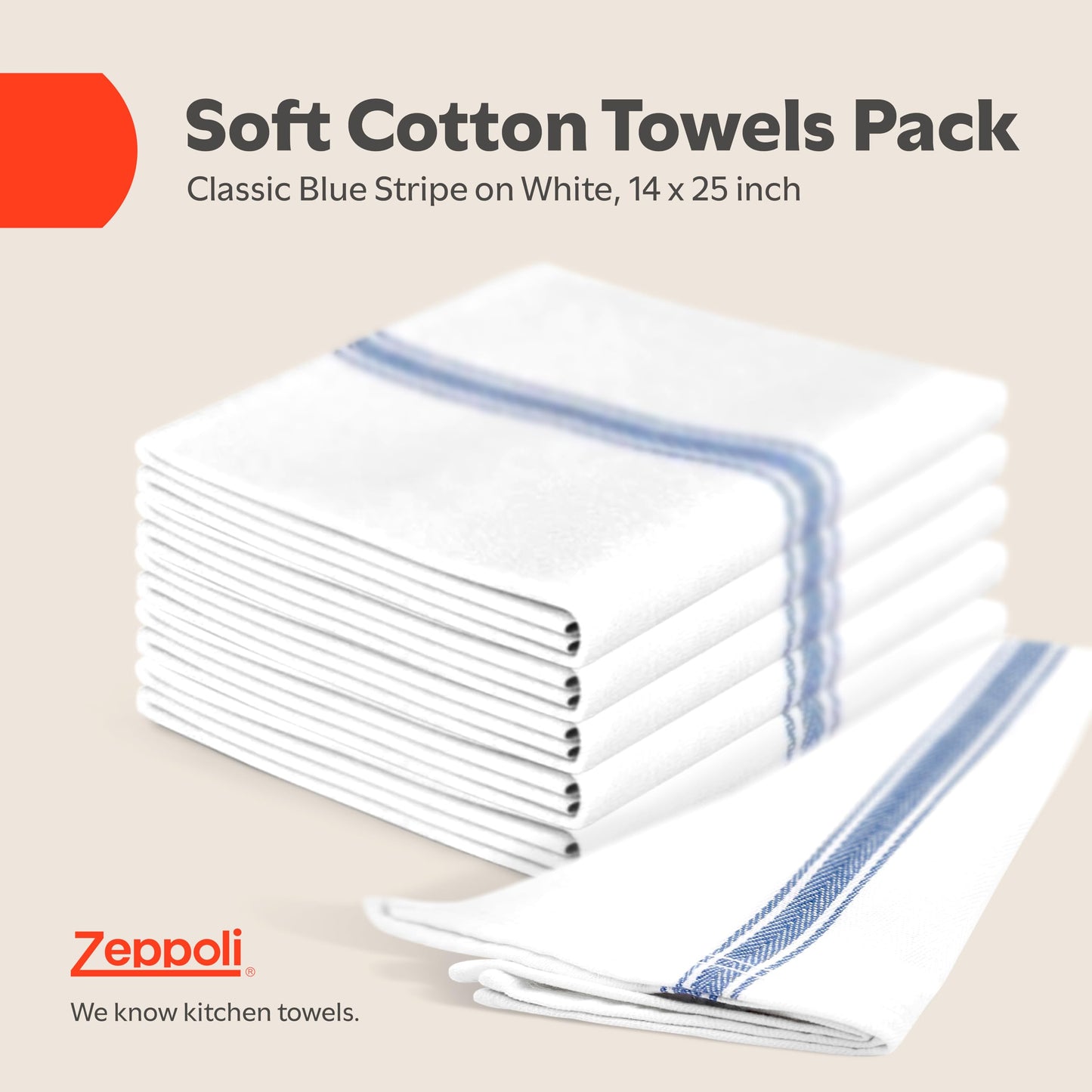 Zeppoli Classic Kitchen Towels - 30 Pack 100% Natural Cotton Towel Set, Reusable Wash Cloths, Absorbent Dish Towels, Machine Washable Hand Towels, Kitchen Essentials - 14” by 25”, Blue Striped
