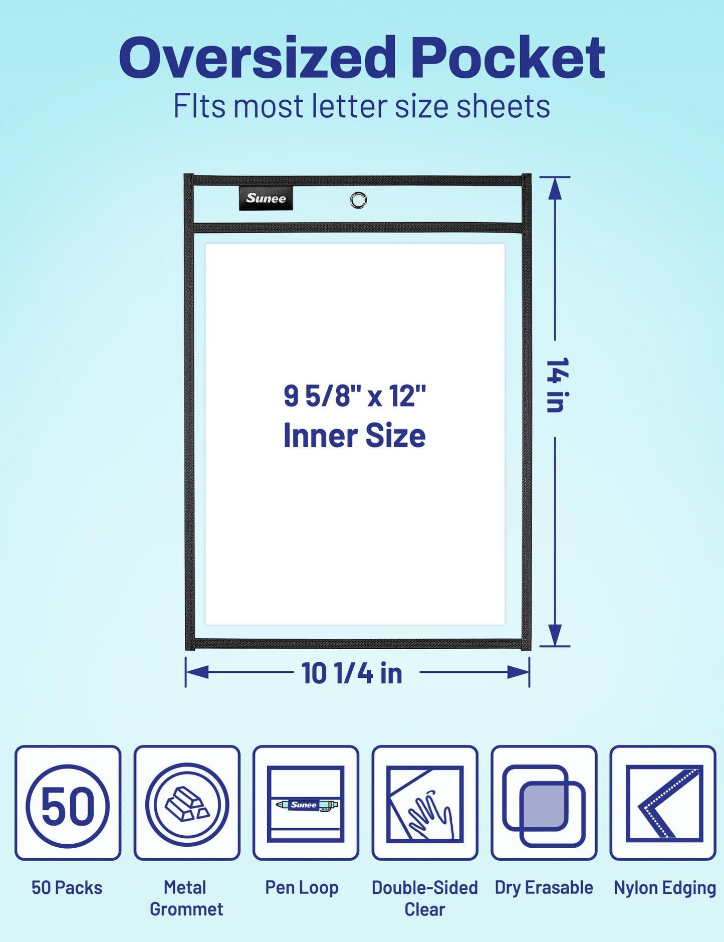 SUNEE 50 Packs Oversized Reusable Dry Erase Pocket Sleeves with 3 Rings, Black 10x14 Ticket Holders, Clear Plastic Sheet Protectors, Teacher School Classroom Supplies