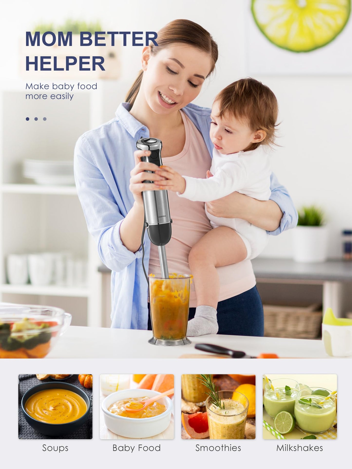 Reemix Immersion Blender, 5 in 1 Hand Blenders, 1000W Copper Motor Handheld Blender with Frother, Whisk, Beaker, Chopper Attachements, Stainless Steel Blades, Black