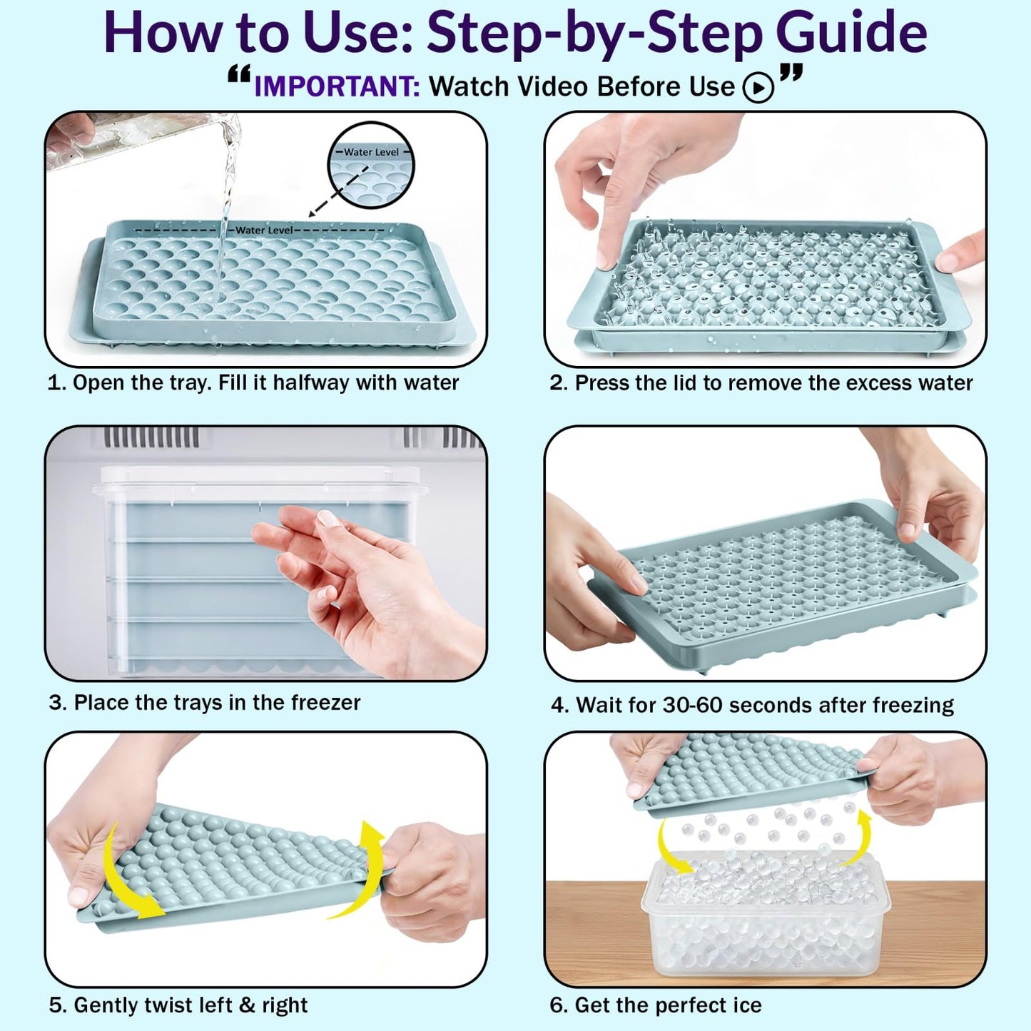 0.55in Mini Ice Cube Trays - Plastic Tiny Pebble Ice for Iced Coffee & Cocktails - Fast Chill, Easy Twist Release - Stackable with Lid, Storage Bin, Tongs, 2 Straws (4 pack, Blue)