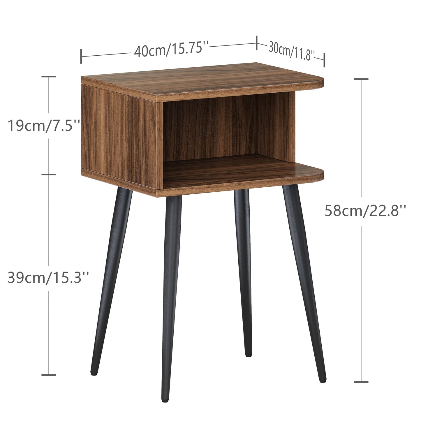 Nightstand Set of 2, Small Bed Side Table for Small Spaces, Mid Century Modern Nightstand End Table with Open Storage, Side Table for Bedroom Living Room, Walnut Brown MLBZ20R-2