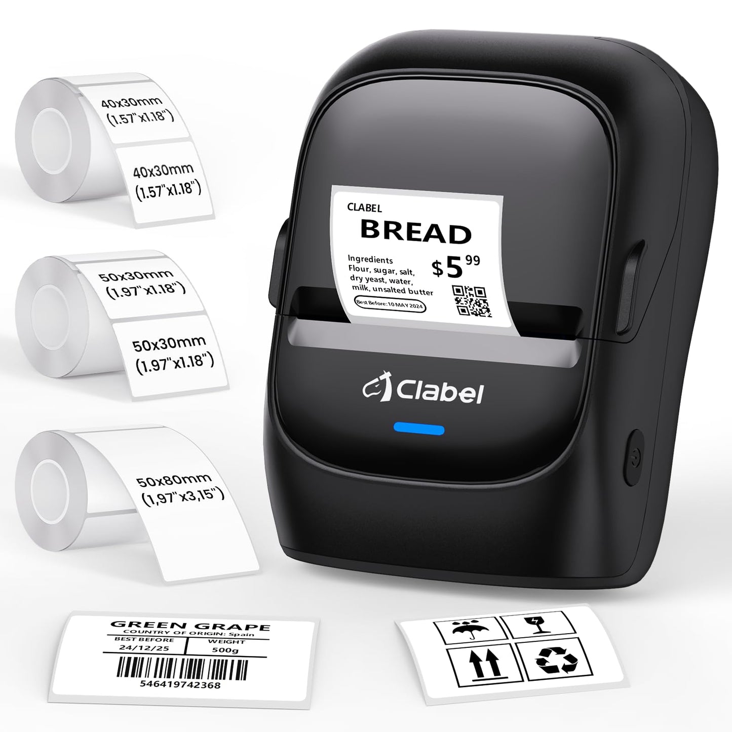 CLABEL Label Maker Machine with Tape, 221B Thermal Bluetooth Label Printer 2 Inch Portable Barcode Inkless Sticker for Small Business, Retail Office,Office, Home, Came with 3 Roll Label (Black)