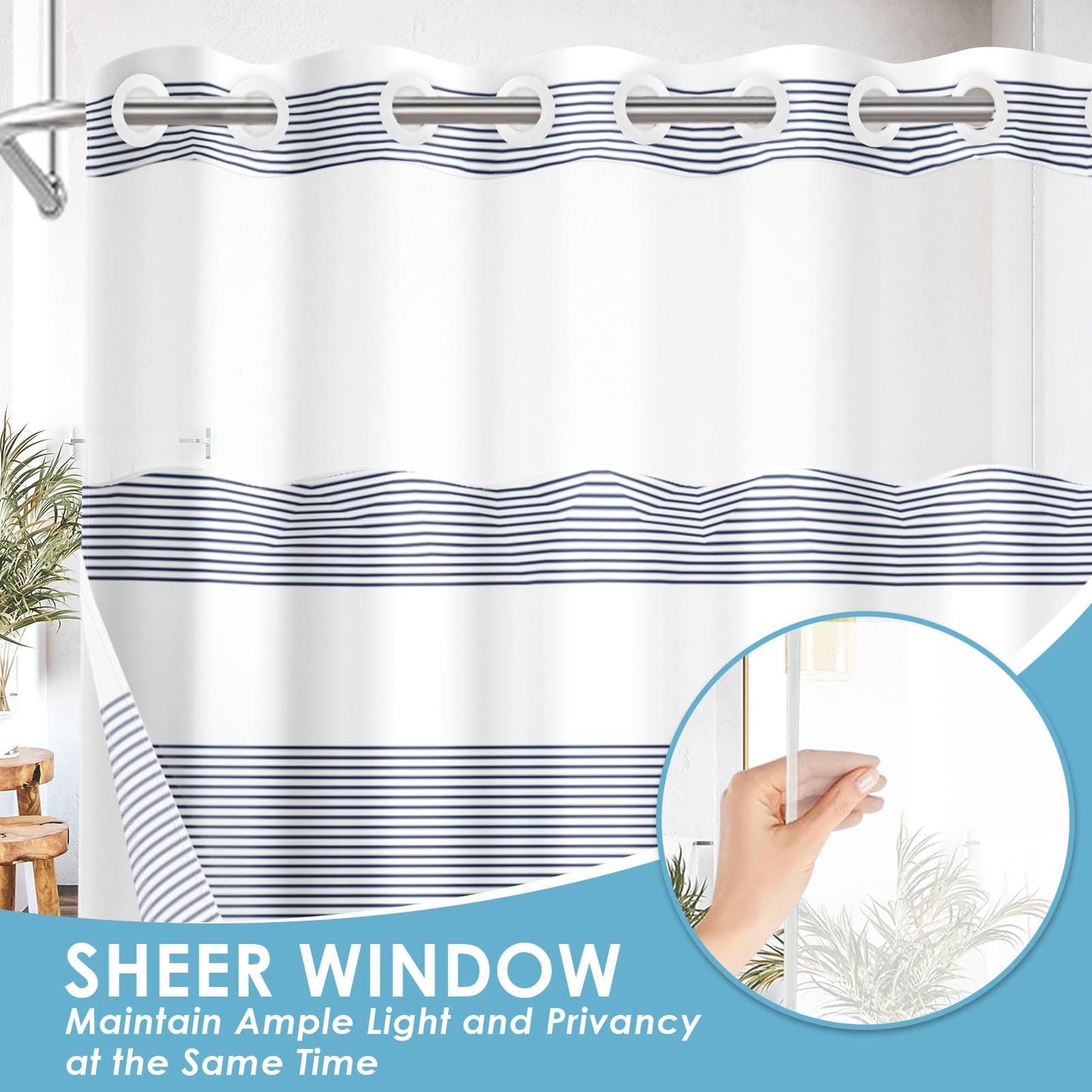 Nesphy No Hook Navy Blue Shower Curtain with Snap in Fabric Liner Set, Boho Striped Modern Double Layers Waterproof Fabric with See Through Top Window Open Grommet Bath Curtain 71x74 Inch