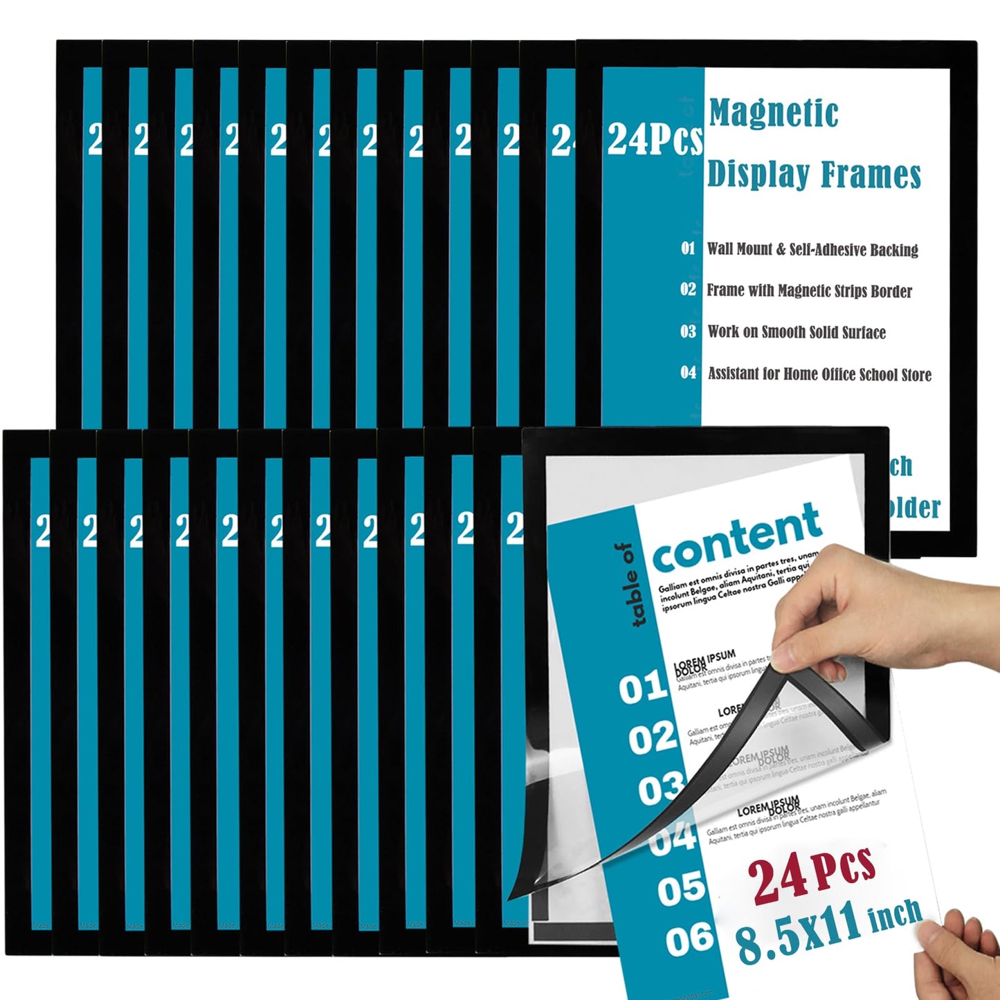 JIUYE 24Pcs 8.5x11 Magnetic Sign Holder Wall Mount,Self-Adhesive Plastic Display Frames,Clear PVC Sign Holder with Magnet Strip Border for Window/Door/Fridge/Document Notice Paper,Black