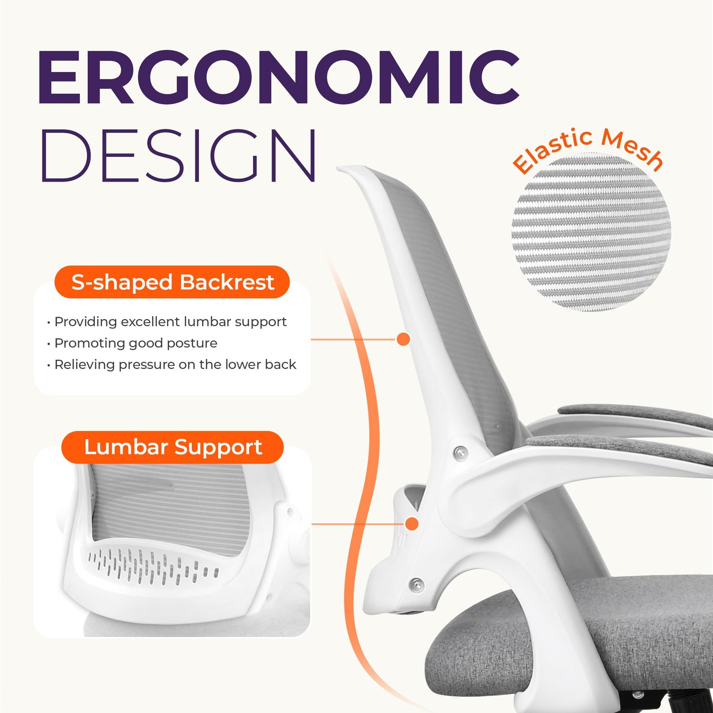 NEO CHAIR Office Desk Gaming Ergonomic Computer Chair with Lumbar Back Support Adjustable Height Swivel Rolling Wheels Flip-up Arms Mesh Chair for Home Vanity (Grey)