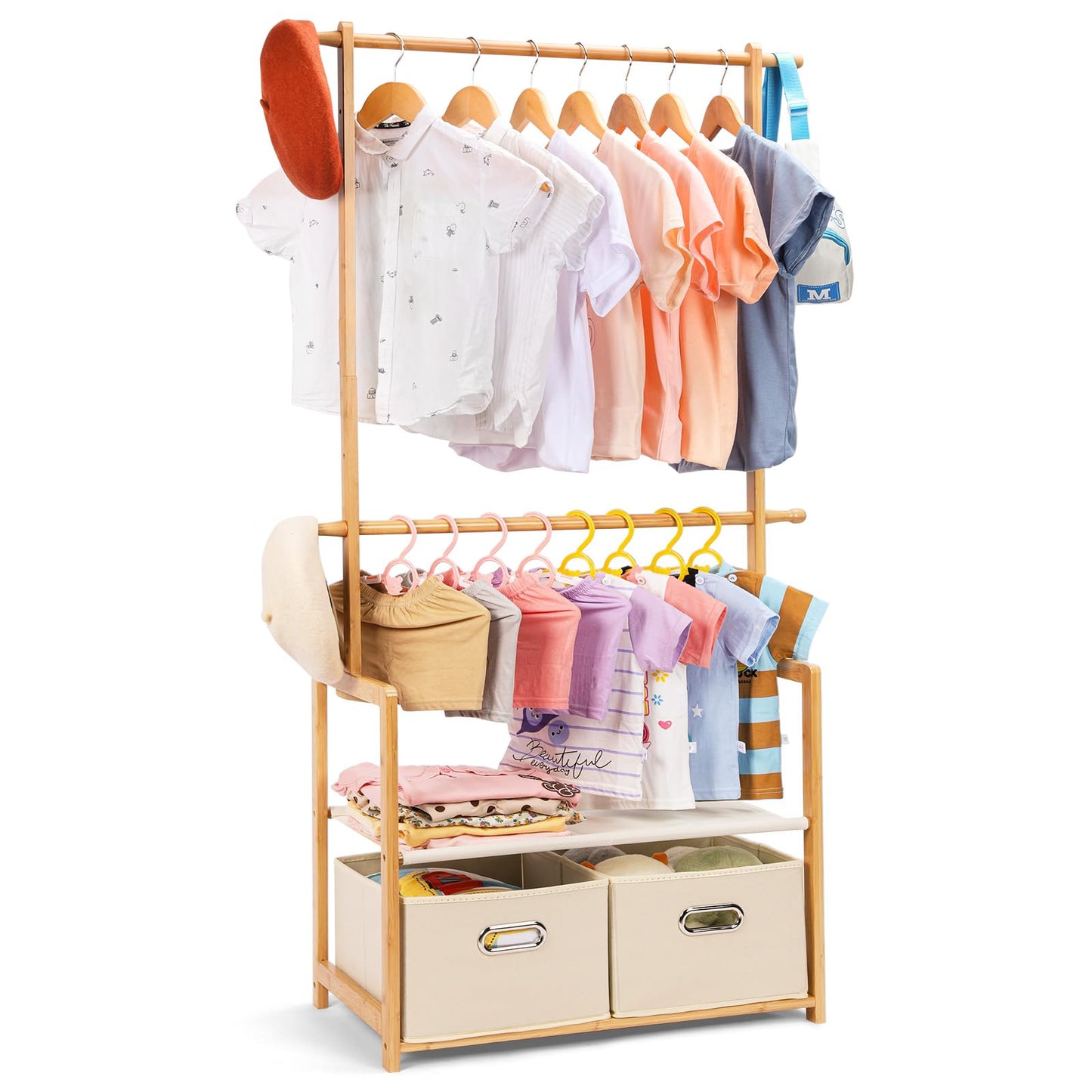 Vilaxing Kids Clothing Rack Bamboo with 2 Storage Baskets and 2 Adjustable Hanging Rods,Child Garment Holder with Shelf, Dress up Racks for Playroom,Toddlers Bedroom (Natural)