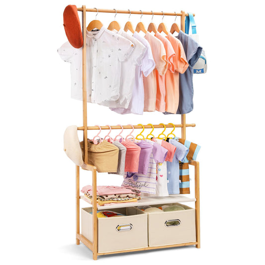 Vilaxing Kids Clothing Rack Bamboo with 2 Storage Baskets and 2 Adjustable Hanging Rods,Child Garment Holder with Shelf, Dress up Racks for Playroom,Toddlers Bedroom (Natural)