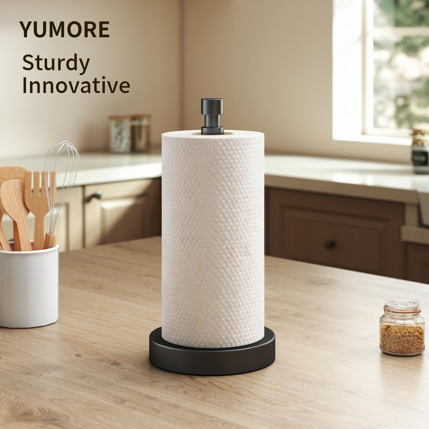 YUMORE Paper Towel Holder Countertop, Black Paper Towel Holder with Weighted Base Non Slip, Standing Paper Towel Roll Holder for Kitchen Bathroom, Stainles Steel (Matte Black)