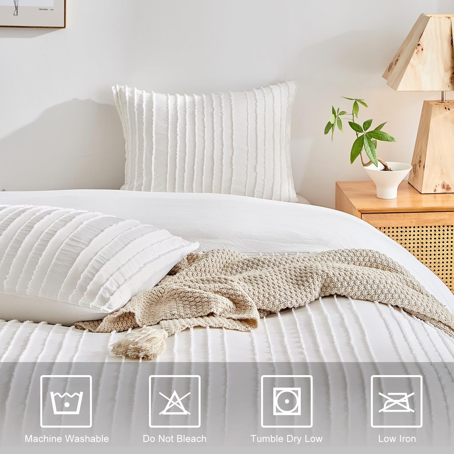 WARMDERN White Boho Duvet Cover Set King Size, Striped Textured Duvet Cover Tufted Bedding Set, 3 Pcs Ultra Soft Washed Microfiber Duvet Cover with Zipper Closure (King, White)