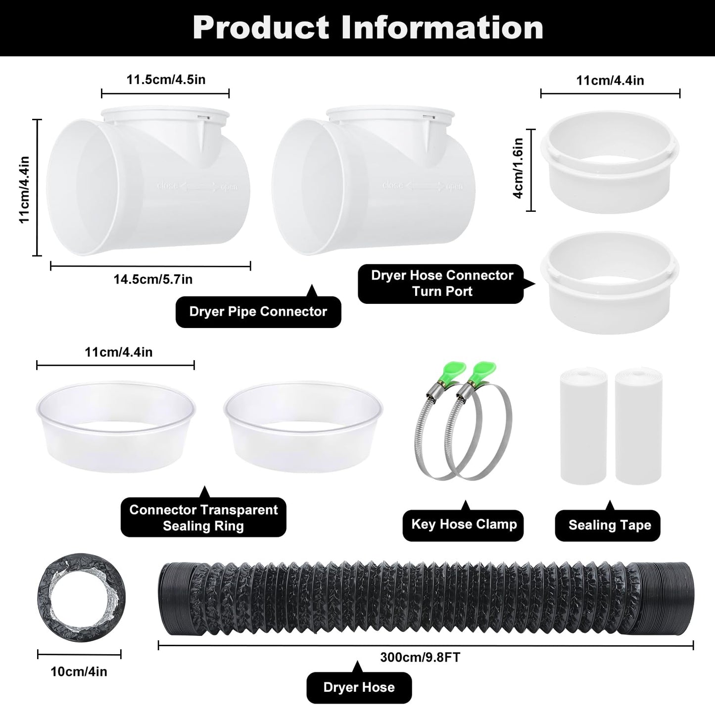 Dryer Vent Hose For Tight Space,Dryer Vent Connector Kit with 4 Inch 10 Feet Hose,90 Degree Dryers Vent Elbow,Space Saving and Easy to Install