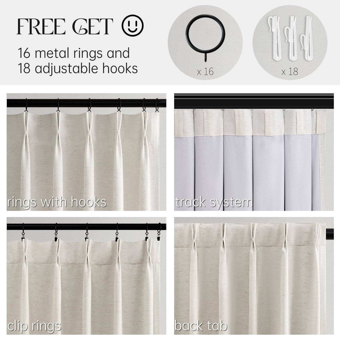 Topfinel 96 Inches Long Pinch Pleated 100% Blackout Curtains,Thermal Insulated Natural Linen Pinch Pleat Viral Drapes with Hooks Rings 2 Panel Sets,Neutral Beige Ivory 8FT Back Tab Window Curtains