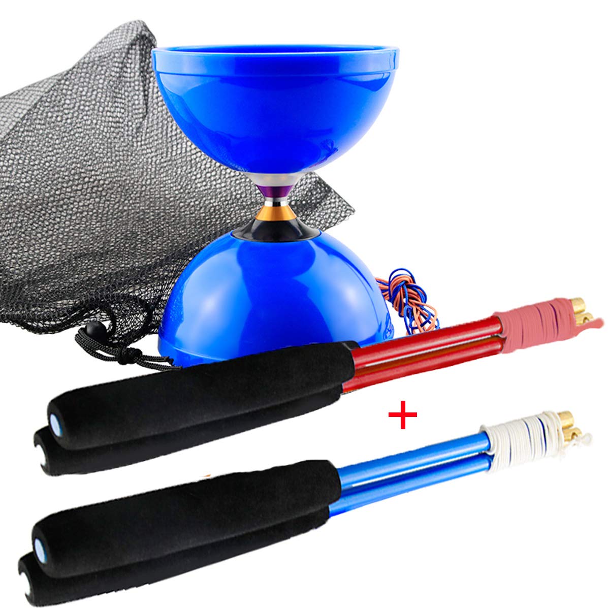 MAGICYOYO Pro Triple Bearing Diabolo Medium Size 5” Blue Chinese Yoyo Toy with 2 Pair Carbon Sticks+ 2 Extra Strings +1 Net Bag, High Performance Chinese Yoyo Diabolo Skill Toy