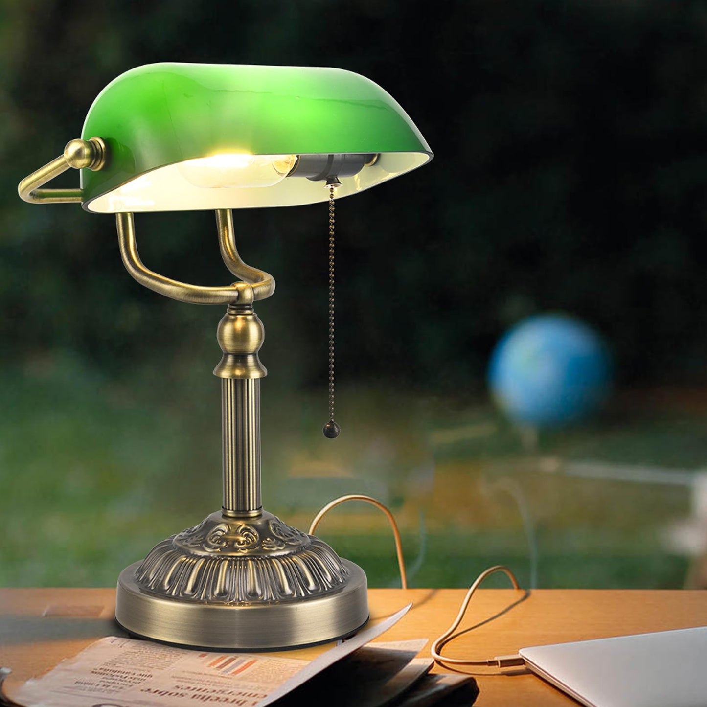 Rizzyluz Bankers Desk Lamp with USB-A Charging Port, Vintage Desk Lamps with Pull Chain Green Glass, Antique Brass Banker's Lamp for Home Office Library
