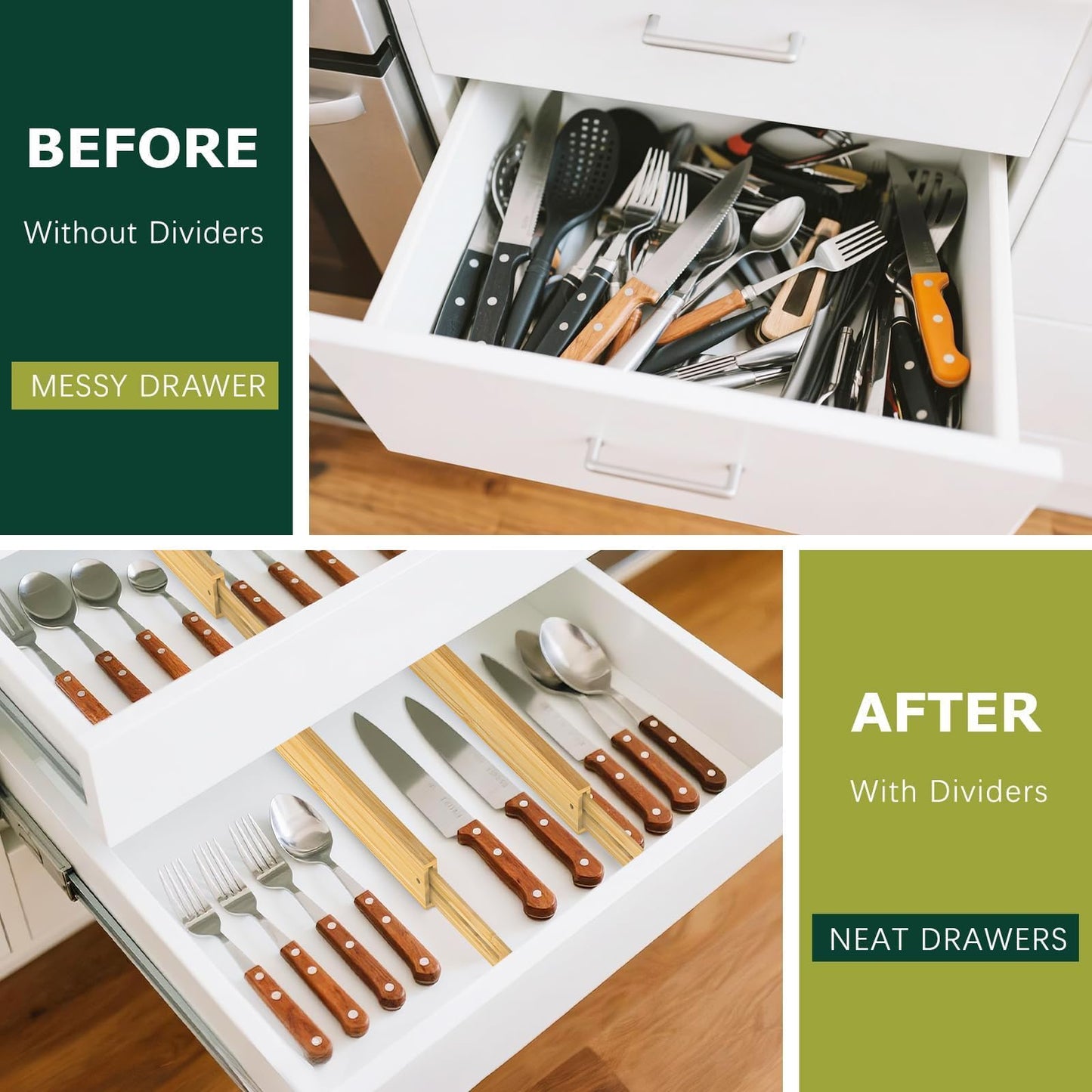 Lzerking Kitchen Drawer Dividers 6 Pack, 17-22" Adjustable Bamboo Drawer Organizers Large, Spring Loaded, Expandable Utensil Organizer, Works in Kitchen, Dresser, Closet, Bathroom, Bedroom
