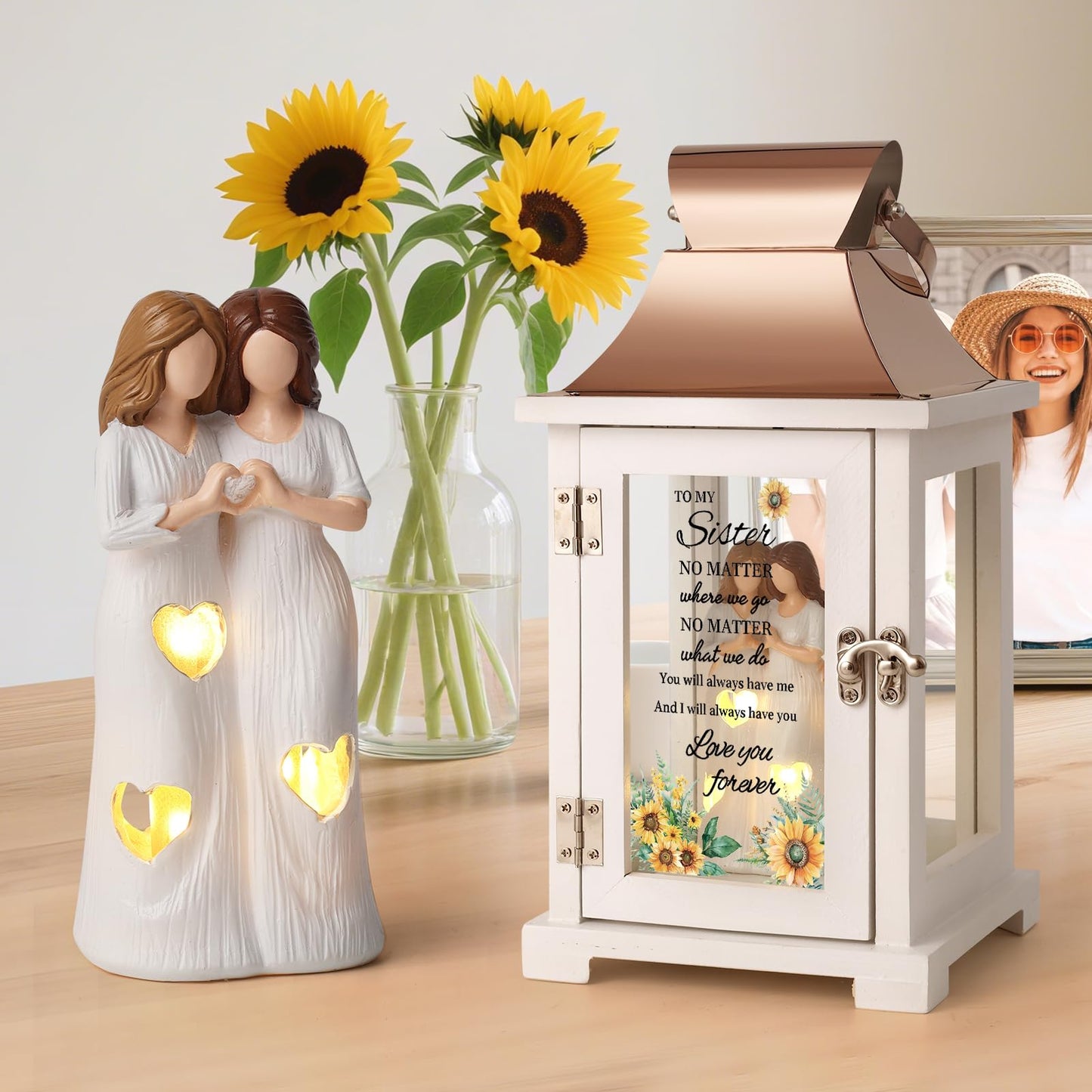 HugMemories Sister Birthday Gifts Lantern with Figure, Big Sister Gift from Sister, Unique Birthday Gifts for Sister, the Better Sister Gifts for Mother's day Thanksgiving Christmas Wedding, Sunflower