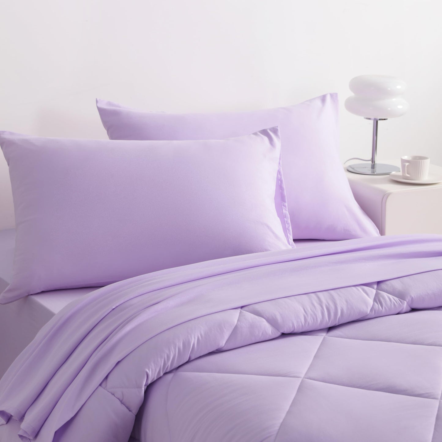 NTBAY Twin Comforter Set with Sheets, 5 Pieces Soft and Breathable Twin Bedding Set, Twin Bed in a Bag, Down Alternative Comforter Set Solid Color All Season, Kids Bedding Set, Light Purple