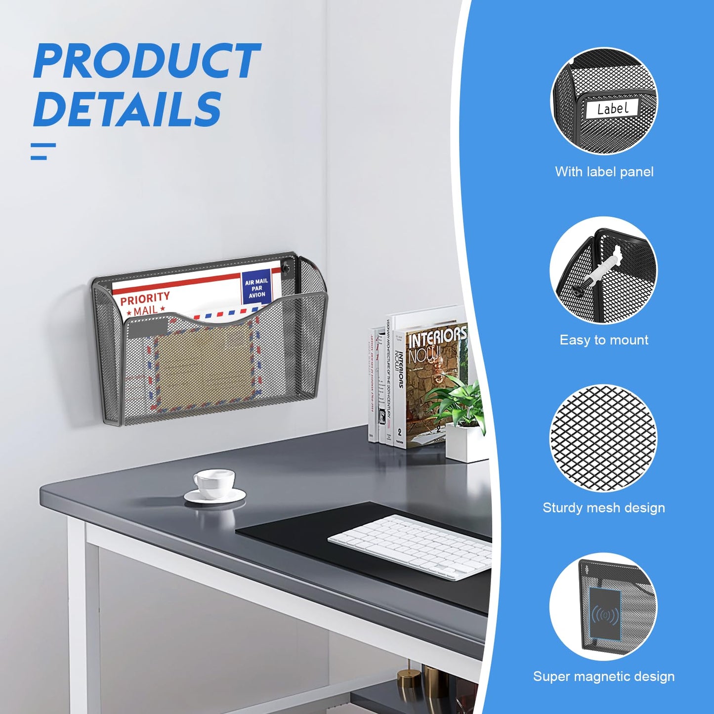 samstar 6 Pack Magnetic File Holder, Mesh Wall File Organizer File Pocket Mail Organizer Paper Folder Holder for Office/Home, No Drilling(Magnetic)