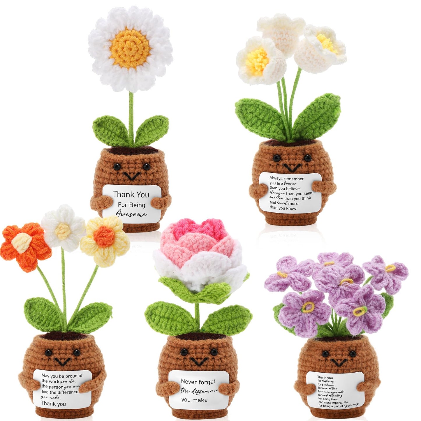 Geelin 6 Sets Positive Teacher Appreciation Gift Mini Crochet Flower Potted Doll with Card Emotional Rose Daisy Crochet Support Thank You Flowers Positive Gift for Women Coworker Teacher Mother's Day