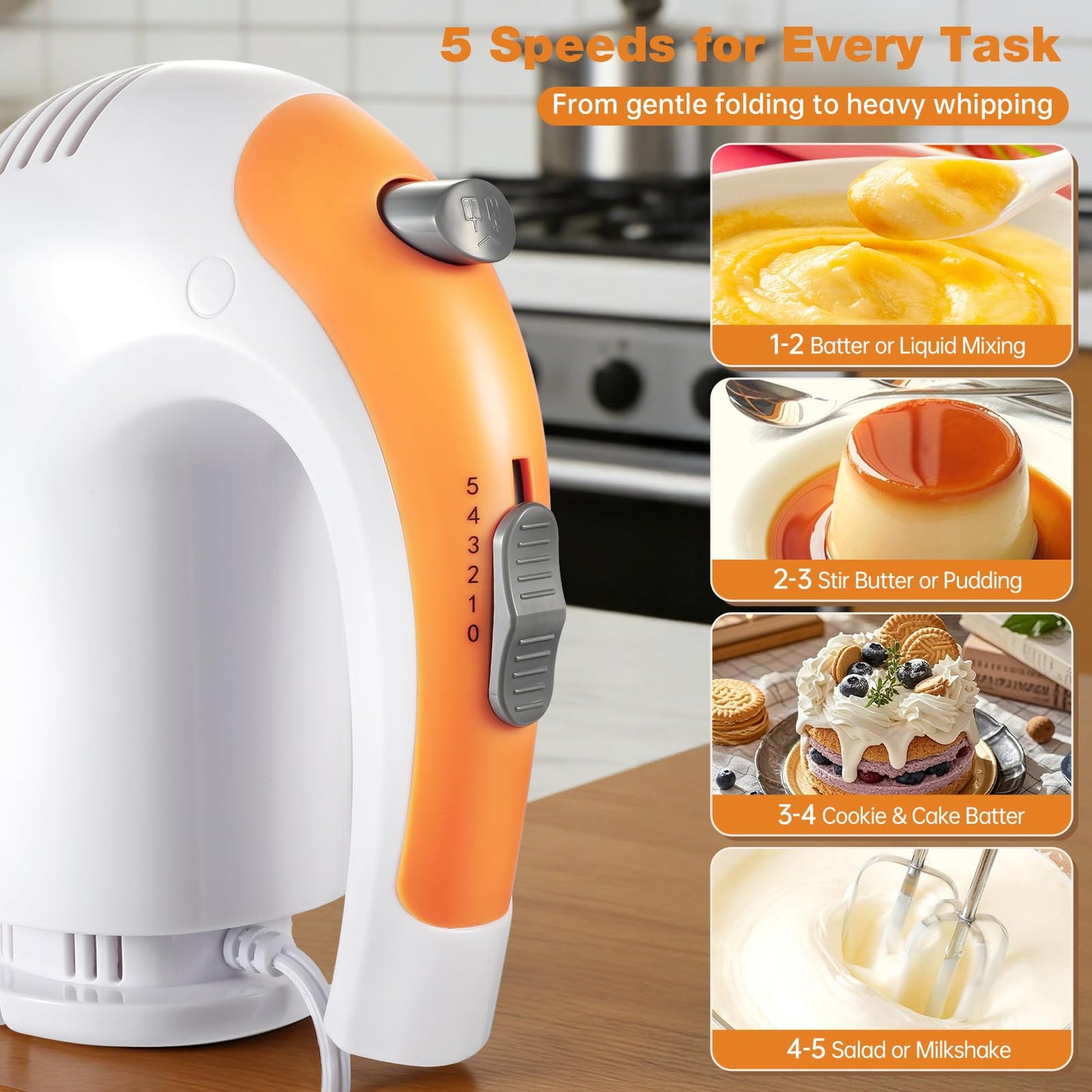 300W 5-Speed Electric Hand Mixer with 3 Thickened Nesting Mixing Bowls, Measuring Cups and Spoons, Complete Kitchen Cake Mixer with Paddle, Dough Hook and Whisk for Baking