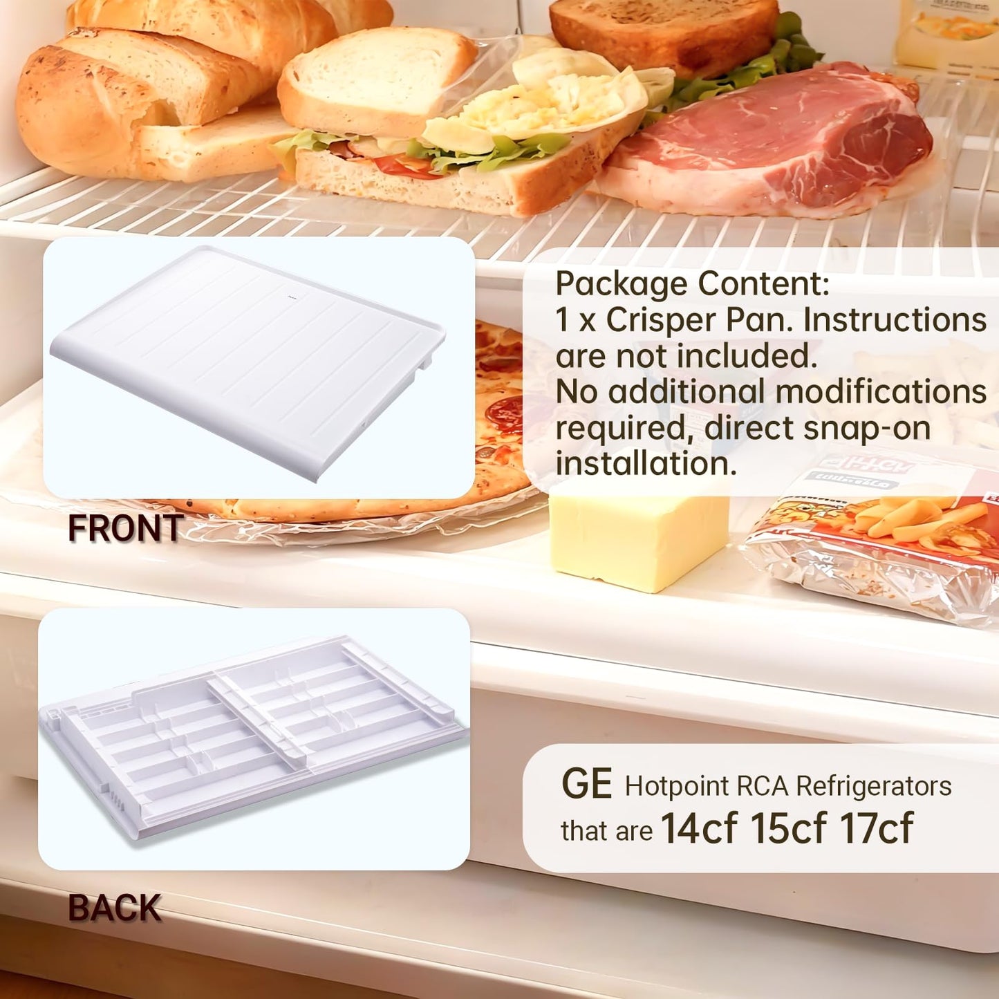 WR32X10398 Crisper Drawer Pan Cover, compatible with 14cf 15cf 17cf GE, Hotpoint, RCA refrigerators, replaces WR32X1083, WR32X1094, AP3426095