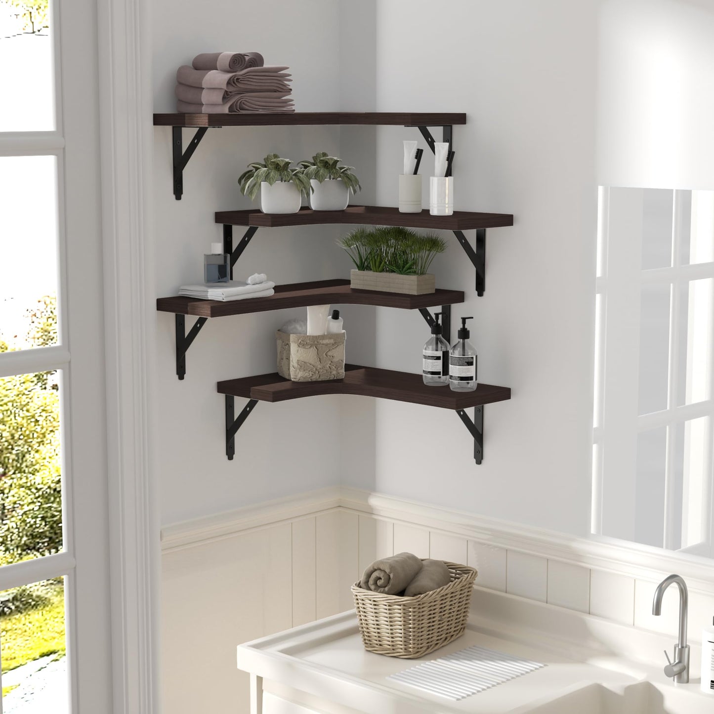 ROMGUAR CRAFT Corner Floating Shelves Wall Mounted Set of 4, Rustic Wood Storage Display Shelves for Home Decor, Bathroom, Kitchen, Bedroom, Living Room, Office (Brown)