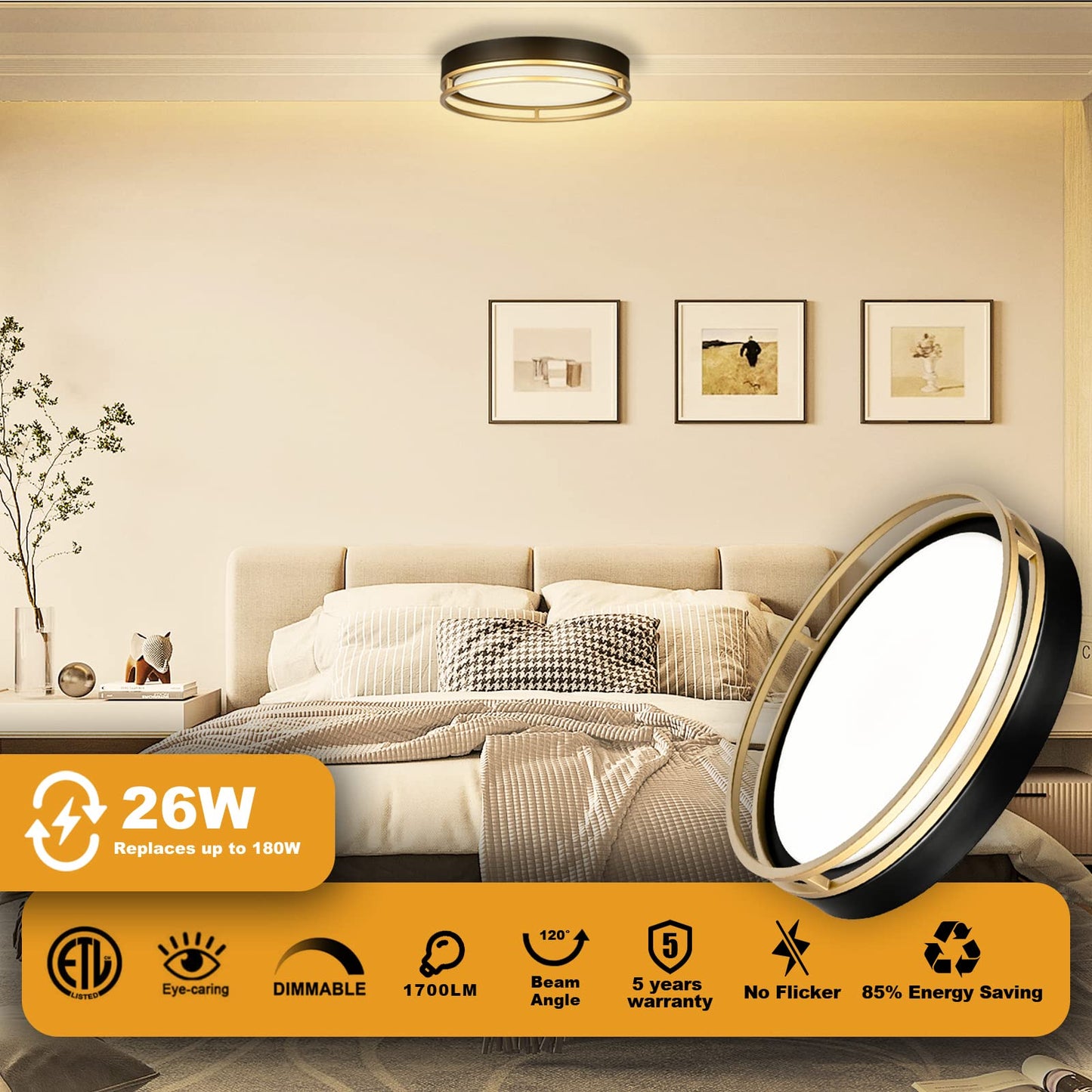 Flynix 12.5 Inch LED Flush Mount Ceiling Light Fixture, 26W, Super Bright 1700 Lumens, 3 Color 3000K/4000K/5000K, Dimmable Ceiling Lamp for Bedroom Hallway Bathroom Kitchen Laundry (Black Gold)