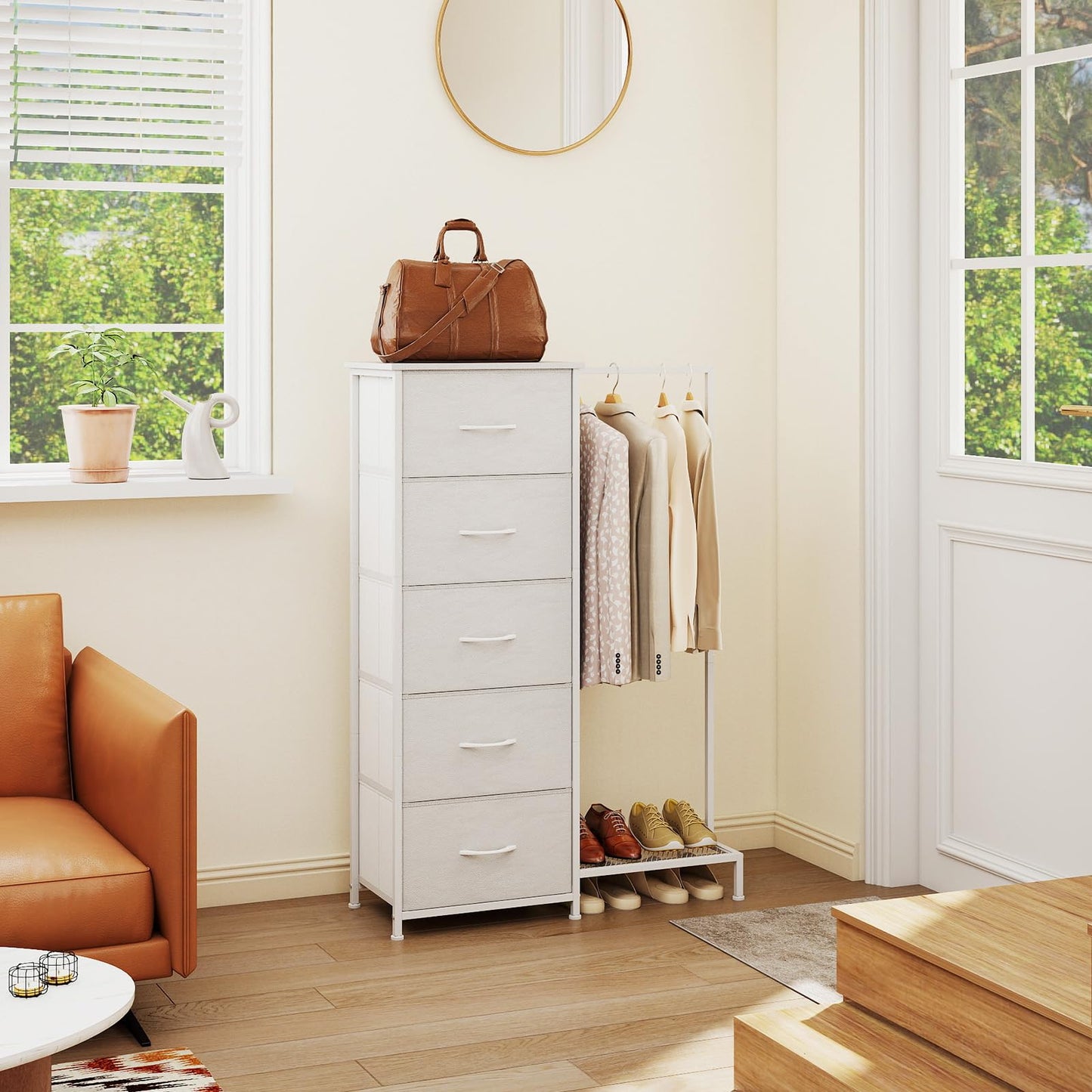 Somdot Dresser with Hanging Rack, 5 Drawers Small Closet for Bedroom, Reversible Dresser with Clothes Rack, Kids Dressers for Bedroom Chest of Drawers, Tall Storage Tower, White Leather