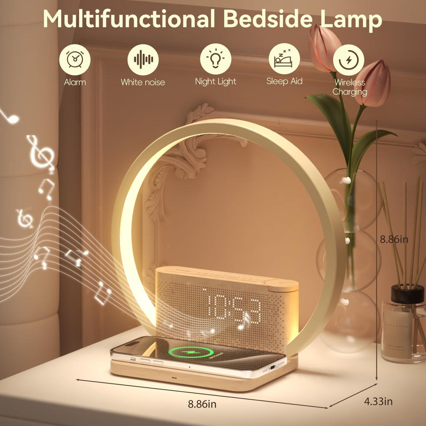 Vivilumens Sunrise Alarm Clock Wireless Charger, 10 White Noise Sound Machine Alarm Clock with 30/60/90 Mins Timer, 3 Levels Touch Night Light Dual Clocks for Heavy Sleeper Bedroom Decor Gift for Her