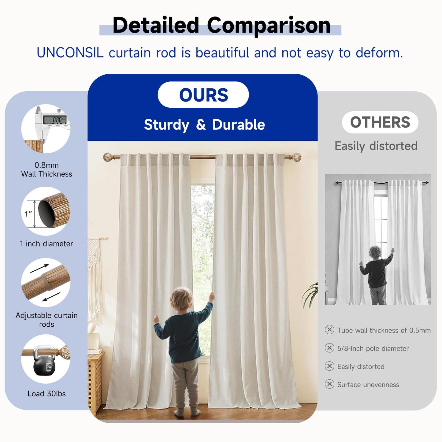Wood Curtain Rods for Windows: 1 Inch Diameter Adjustable Drapery Rods 48" to 86", 2 Pack Heavy Duty Window Rod with Imitation Wood Grain Leaf Pattern Finials