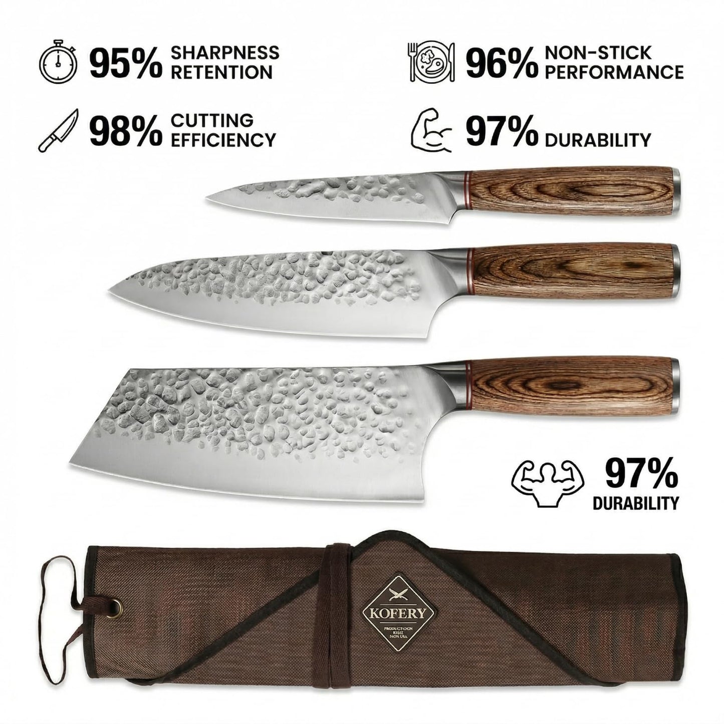 KOFERY 3 Piece Hammered Knife Set with Honing Steel & Bag, Forged High Carbon Steel Blades for Meat Cutting, Outdoor Cooking, BBQ, Culinary School Starter Kit for Student Chef