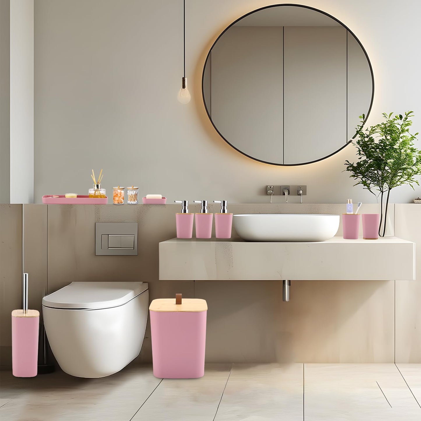 XLHOMO Bathroom Sets with Shower Curtain and Rugs, 27PCS Pink Bathroom Accessories Set with Trash Can, Pink Shower Curtain Set, No Slip Super Absorbent Bathroom Rugs