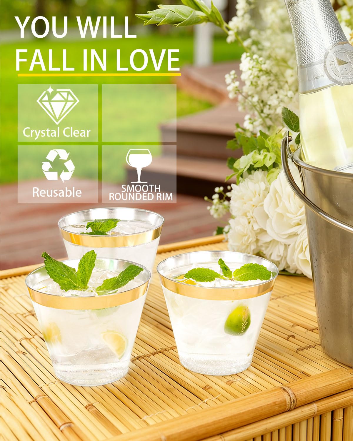 Ciaell 300PCS Gold Plastic Cups - 9Oz Heavy Duty Plastic Cups - Gold Rimmed Disposable Cup - Disposable Clear Wine Cup with Gold Rim for Party & Wedding