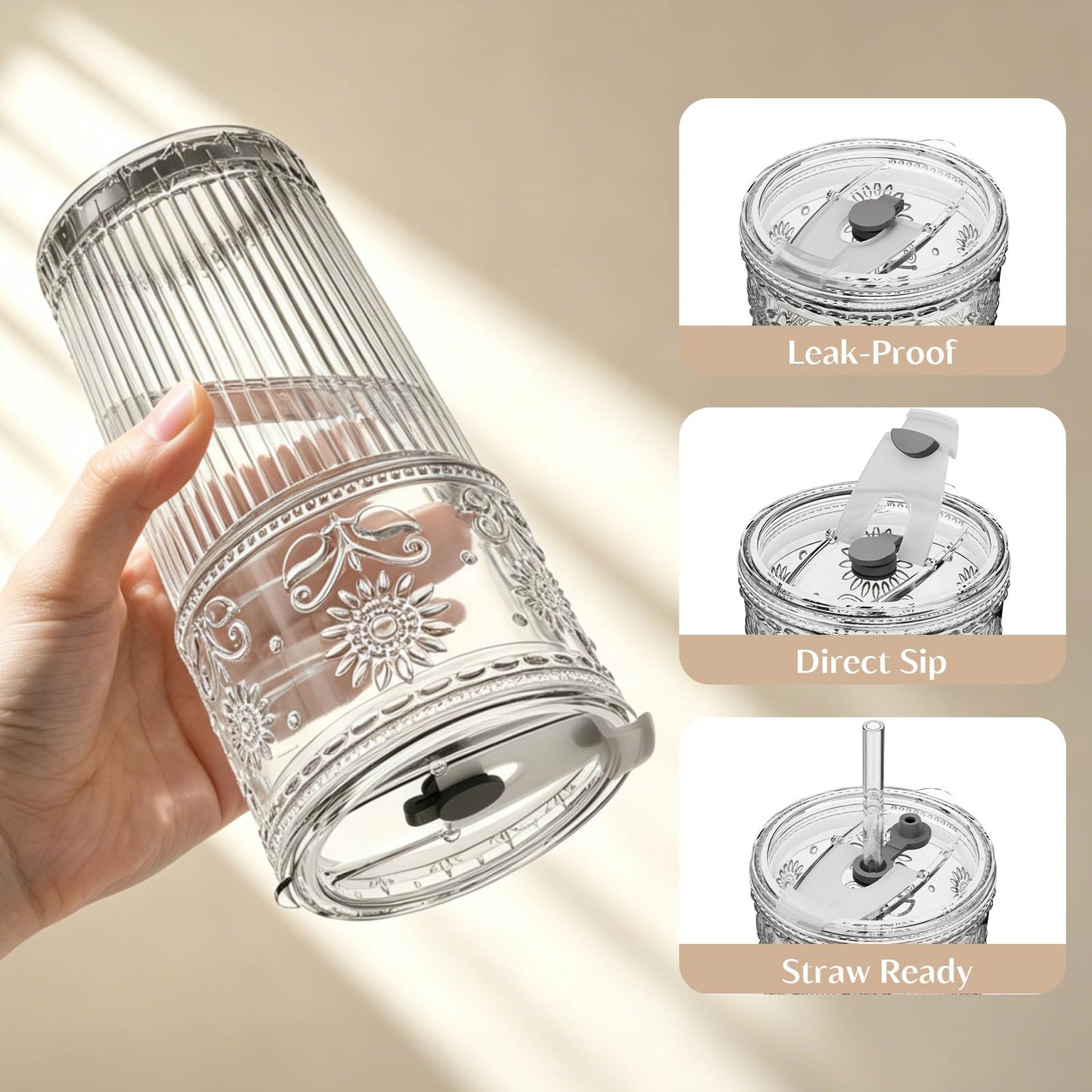 INSETLAN 20 oz Sunflower Glass Cups with Lids and Straws, Set of 4, Elegant Iced Coffee Cups for Coffee, Matcha, Smoothies, Juice, Cocktail and More, Leak-Proof Glass Tumbler for Daily Use and Travel