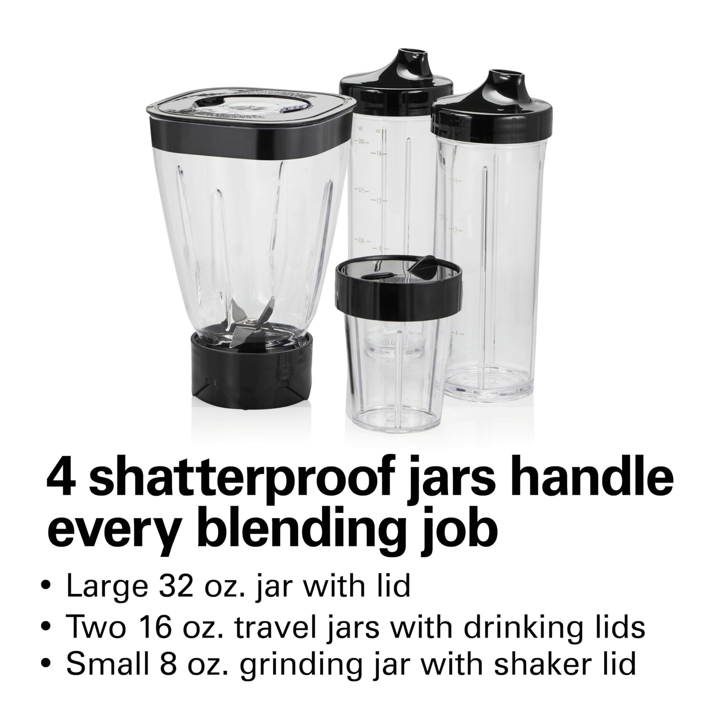 Hamilton Beach MultiBlend Smoothie Blender with 4 Shatterproof BPA Free Jars and Lids; Large 32oz Jar, 8oz Grinder for Nuts & Spices, and 2 Portable Travel Cups, 650 Watts, Black and Stainless (52400)