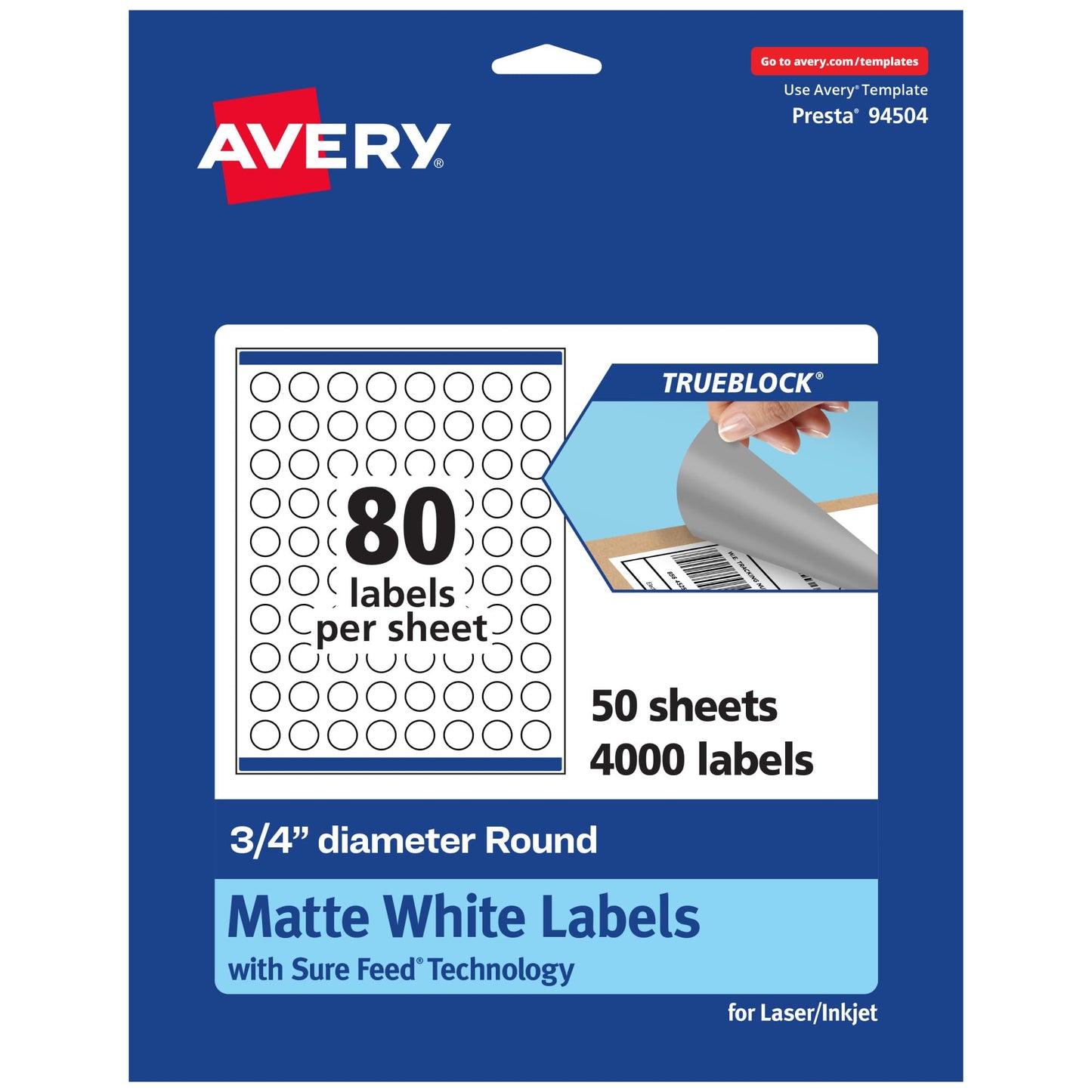 Avery TrueBlock Matte White Round Labels with Sure Feed, 0.75" Diameter, 4,000 Matte White Labels, Print-to-the-Edge, Laser/Inkjet Printable Labels, Great for Product Labels and Price Stickers